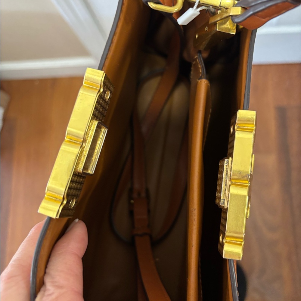 Tory Burch Eleanor Large Satchel Camel Italian Leather w Suede Gussets BNWT - Picture 10 of 16